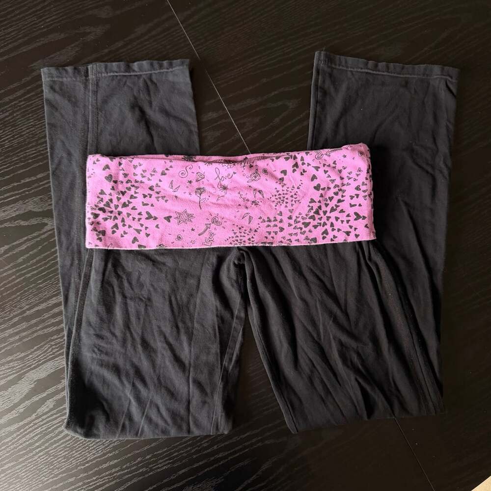So Intimates Foldover Yoga Pants Size M Black Purple Doodles Y2K